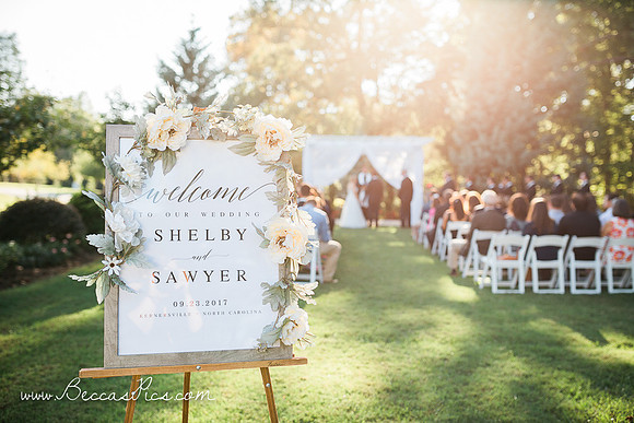 wedding ceremony at sunset at dewberry farm in kernersville nc