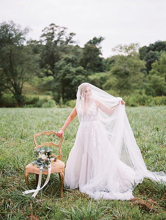Bride with long veil in field